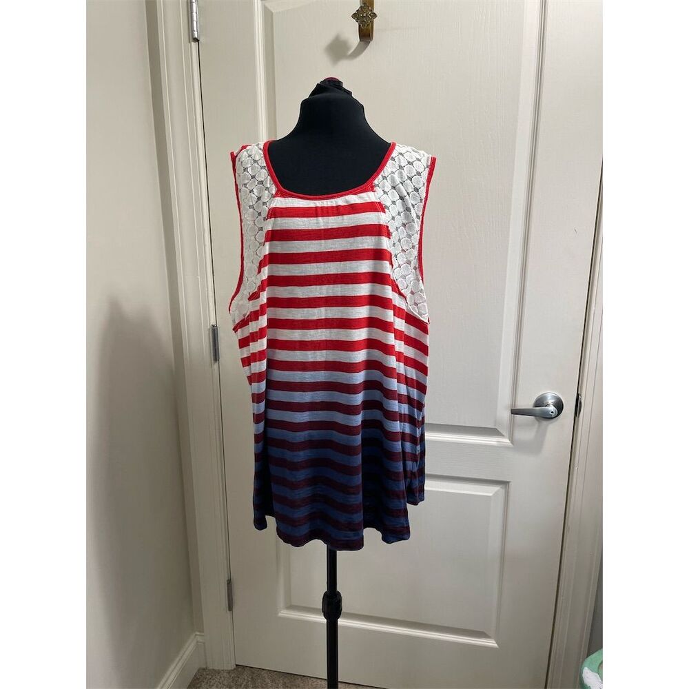 New Directions Women's 3XL Patriotic Striped Tank Top Lace Accents sku190